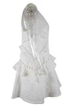 Ecru cami strap pattern dress with white lace band embellishment and peplum