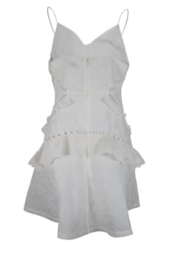 Ecru cami strap pattern dress with white lace band embellishment and peplum