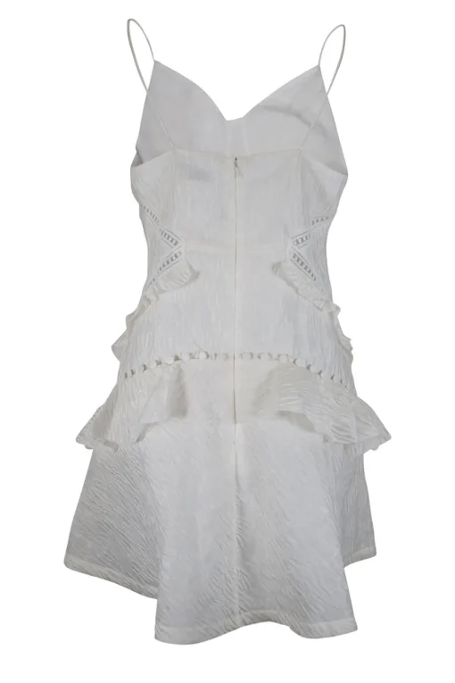 Ecru cami strap pattern dress with white lace band embellishment and peplum
