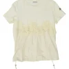 Ecru cotton and polyester mixed-media crewneck pullover T-shirt with lace insert and toggle hem