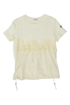 Ecru cotton and polyester mixed-media crewneck pullover T-shirt with lace insert and toggle hem