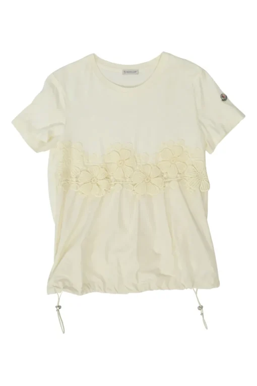 Ecru cotton and polyester mixed-media crewneck pullover T-shirt with lace insert and toggle hem