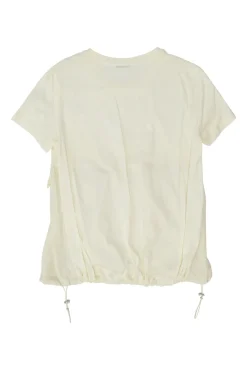 Ecru cotton and polyester mixed-media crewneck pullover T-shirt with lace insert and toggle hem