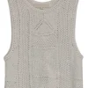 Ecru cotton crochet knit pullover sleeveless top featuring border geometric motif