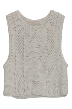 Ecru cotton crochet knit pullover sleeveless top featuring border geometric motif