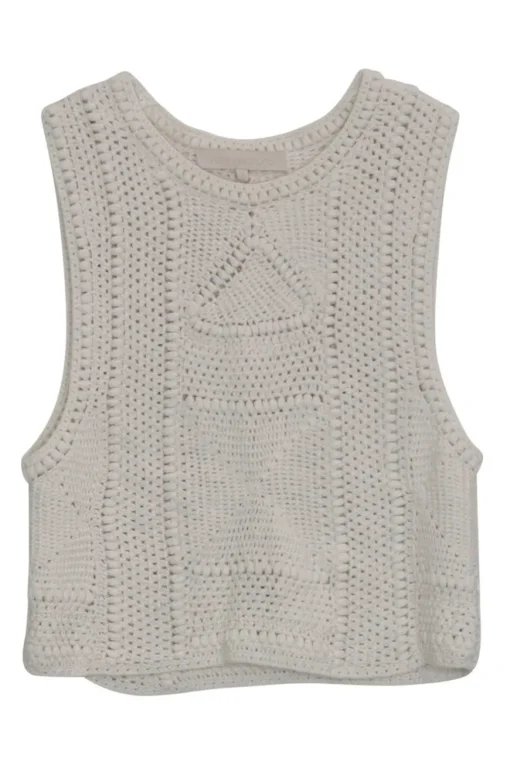 Ecru cotton crochet knit pullover sleeveless top featuring border geometric motif