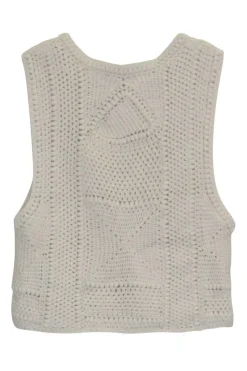 Ecru cotton crochet knit pullover sleeveless top featuring border geometric motif