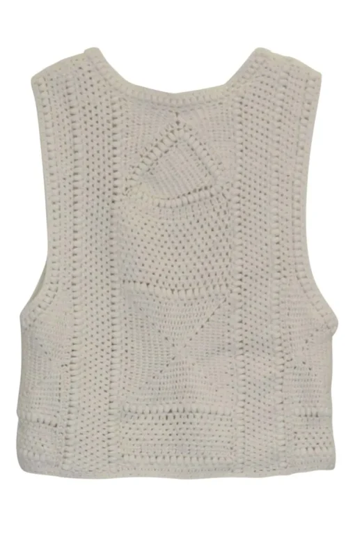 Ecru cotton crochet knit pullover sleeveless top featuring border geometric motif