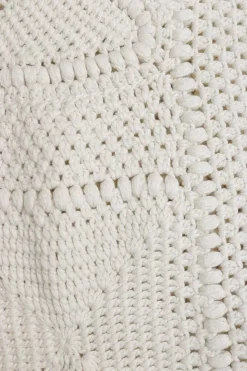 Ecru cotton crochet knit pullover sleeveless top featuring border geometric motif
