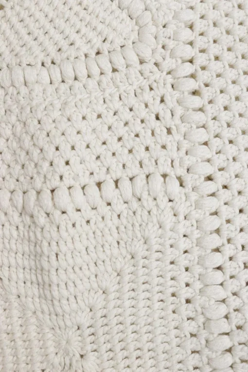 Ecru cotton crochet knit pullover sleeveless top featuring border geometric motif