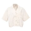 Ecru cotton denim spread collar cropped lounge shirt with kimono-style sleeves and Anagram-embroidered chest pocket