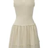 Ecru cotton fully-fashioned honeycomb knit ruffled A-line dress with epaulettes