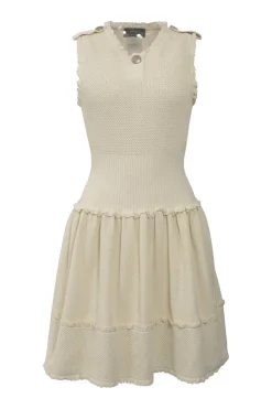 Ecru cotton fully-fashioned honeycomb knit ruffled A-line dress with epaulettes