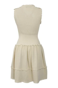 Ecru cotton fully-fashioned honeycomb knit ruffled A-line dress with epaulettes