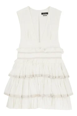 Ecru cotton gauze Glory plunge neck tiered ruffle mini dress with keyhole back