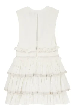 Ecru cotton gauze Glory plunge neck tiered ruffle mini dress with keyhole back