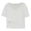 Ecru cotton jersey short sleeve button-front top with Coco Mark shank buttons