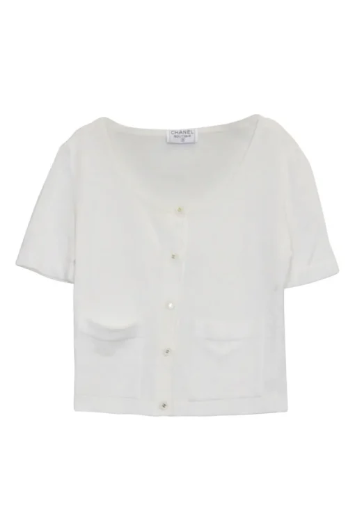 Ecru cotton jersey short sleeve button-front top with Coco Mark shank buttons