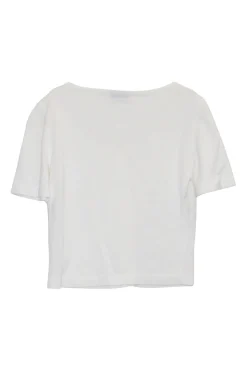 Ecru cotton jersey short sleeve button-front top with Coco Mark shank buttons