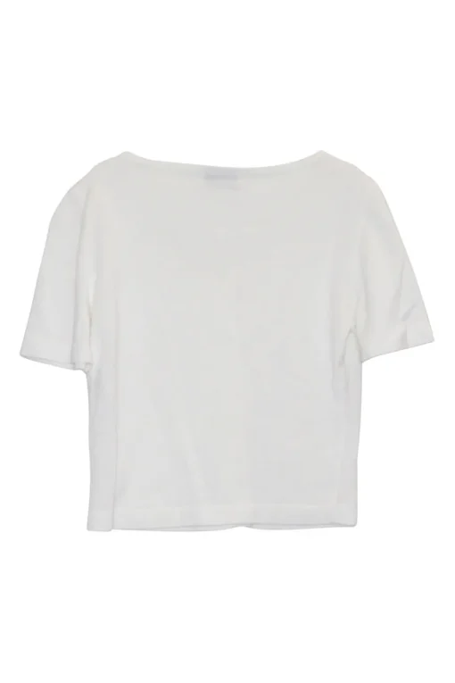Ecru cotton jersey short sleeve button-front top with Coco Mark shank buttons