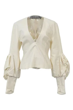Ecru cotton plunge neck bishop sleeve blouse with frame-defining princess seams