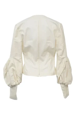 Ecru cotton plunge neck bishop sleeve blouse with frame-defining princess seams