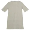 Ecru cotton pointelle short sleeve drop-waist knit shift dress with Coco Mark enamel shank buttons