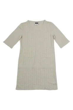 Ecru cotton pointelle short sleeve drop-waist knit shift dress with Coco Mark enamel shank buttons