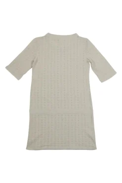 Ecru cotton pointelle short sleeve drop-waist knit shift dress with Coco Mark enamel shank buttons