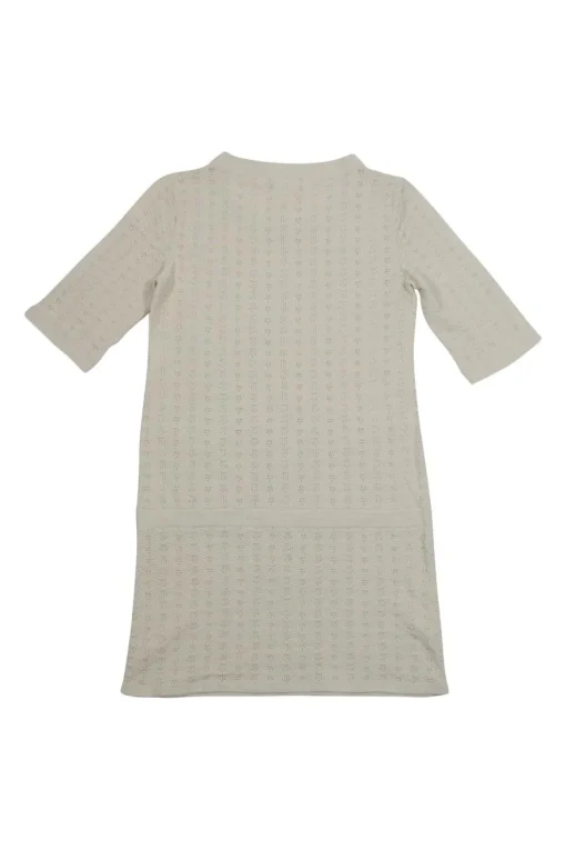 Ecru cotton pointelle short sleeve drop-waist knit shift dress with Coco Mark enamel shank buttons