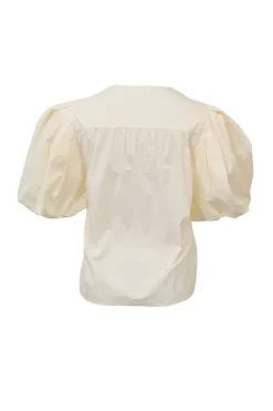 Ecru cotton poplin balloon sleeve half-button swing blouse with ribbon-tie fastening at neckline