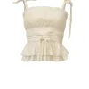 Ecru cotton poplin pintuck peplum camisole with ribbon-tie straps and drawstring waist
