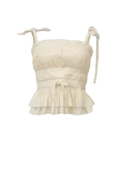 Ecru cotton poplin pintuck peplum camisole with ribbon-tie straps and drawstring waist