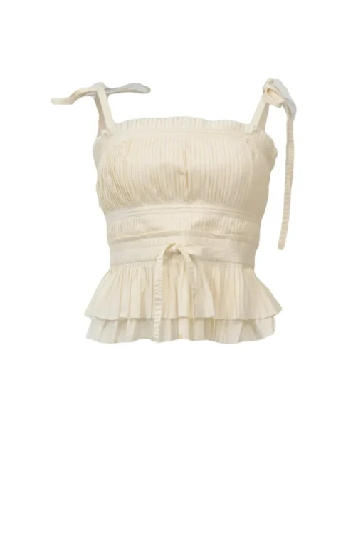 Ecru cotton poplin pintuck peplum camisole with ribbon-tie straps and drawstring waist