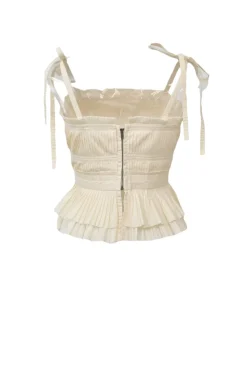 Ecru cotton poplin pintuck peplum camisole with ribbon-tie straps and drawstring waist