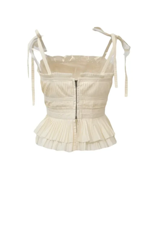 Ecru cotton poplin pintuck peplum camisole with ribbon-tie straps and drawstring waist