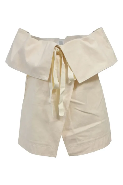 Ecru cotton ribbon tie-front off-shoulder Flapjack top