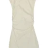 Ecru cotton-blend high-neck cap sleeve mini dress with ruched side seam