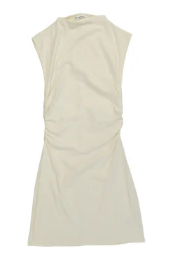 Ecru cotton-blend high-neck cap sleeve mini dress with ruched side seam