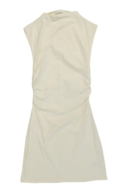 Ecru cotton-blend high-neck cap sleeve mini dress with ruched side seam