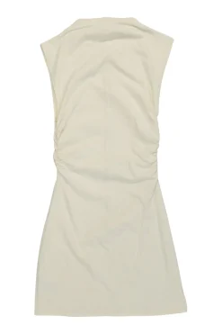 Ecru cotton-blend high-neck cap sleeve mini dress with ruched side seam