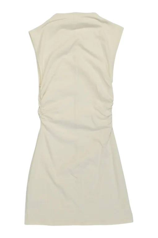 Ecru cotton-blend high-neck cap sleeve mini dress with ruched side seam