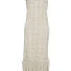 Ecru cotton-blend racked check knit  plunge neck fringe slip dress