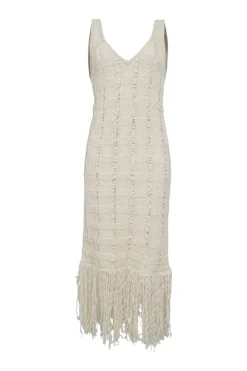 Ecru cotton-blend racked check knit  plunge neck fringe slip dress
