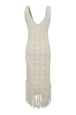 Ecru cotton-blend racked check knit  plunge neck fringe slip dress