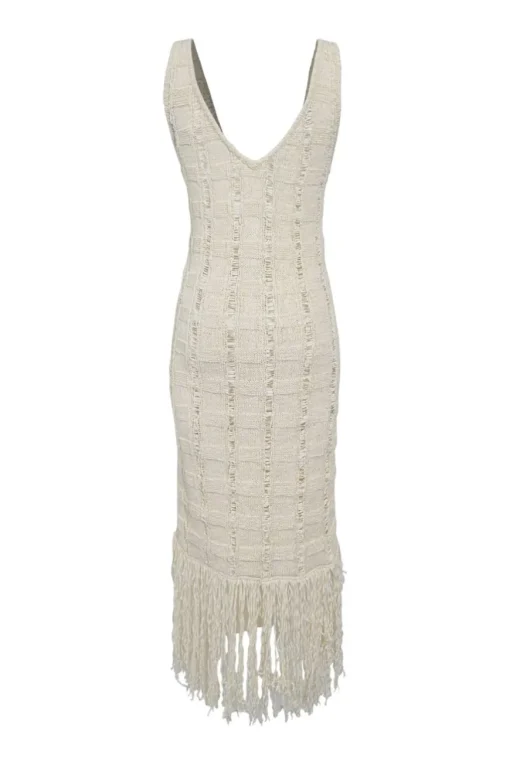 Ecru cotton-blend racked check knit  plunge neck fringe slip dress