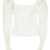Ecru crinkle cotton-blend square-neck smocked bishop sleeve zip-up top