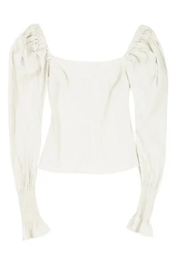 Ecru crinkle cotton-blend square-neck smocked bishop sleeve zip-up top