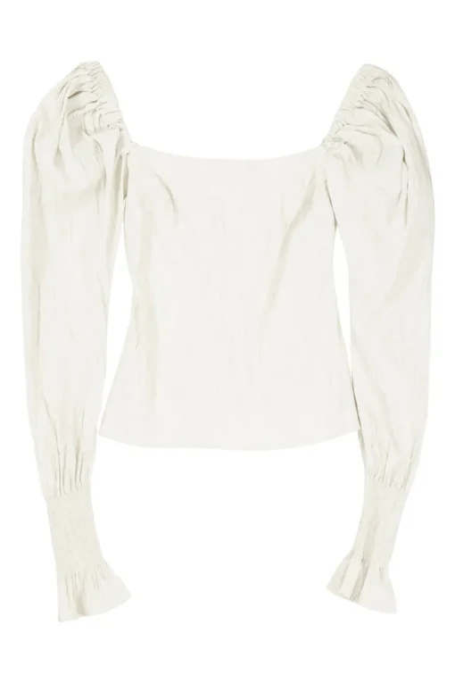 Ecru crinkle cotton-blend square-neck smocked bishop sleeve zip-up top