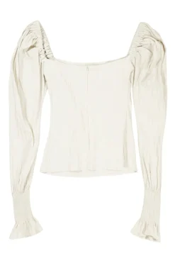 Ecru crinkle cotton-blend square-neck smocked bishop sleeve zip-up top